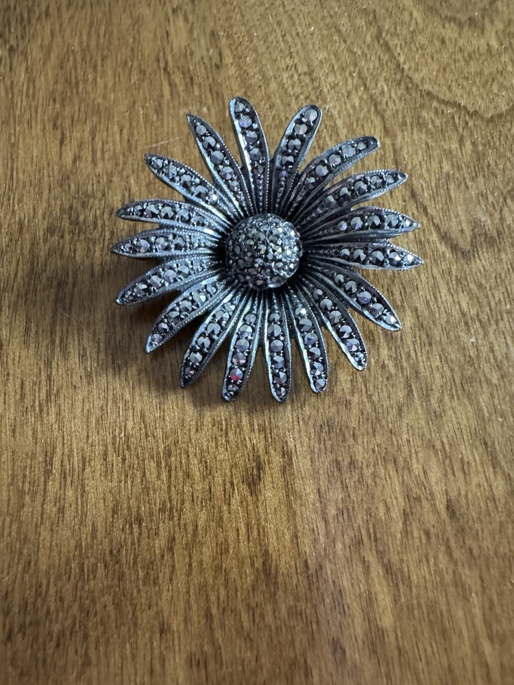 Vintage Sterling Silver 835 Flower Brooch With Marcasite Gemstones