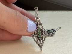 Vintage Silver-Tone Filigree Floral Dangle Earrings w/ Green Stone