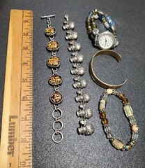 Vintage Bracelet Lot Of 5, Pewter Snowmen, Resin & Metal, Glass Bead Wristwatch