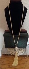 Vintage Asian Cloisonné Floral Tassel Pendent On Cream cord Necklace 30” Estate