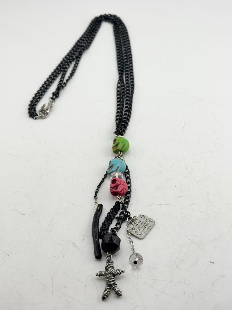 Vintage Halloween Ouija board voodoo doll skull chain beaded necklace