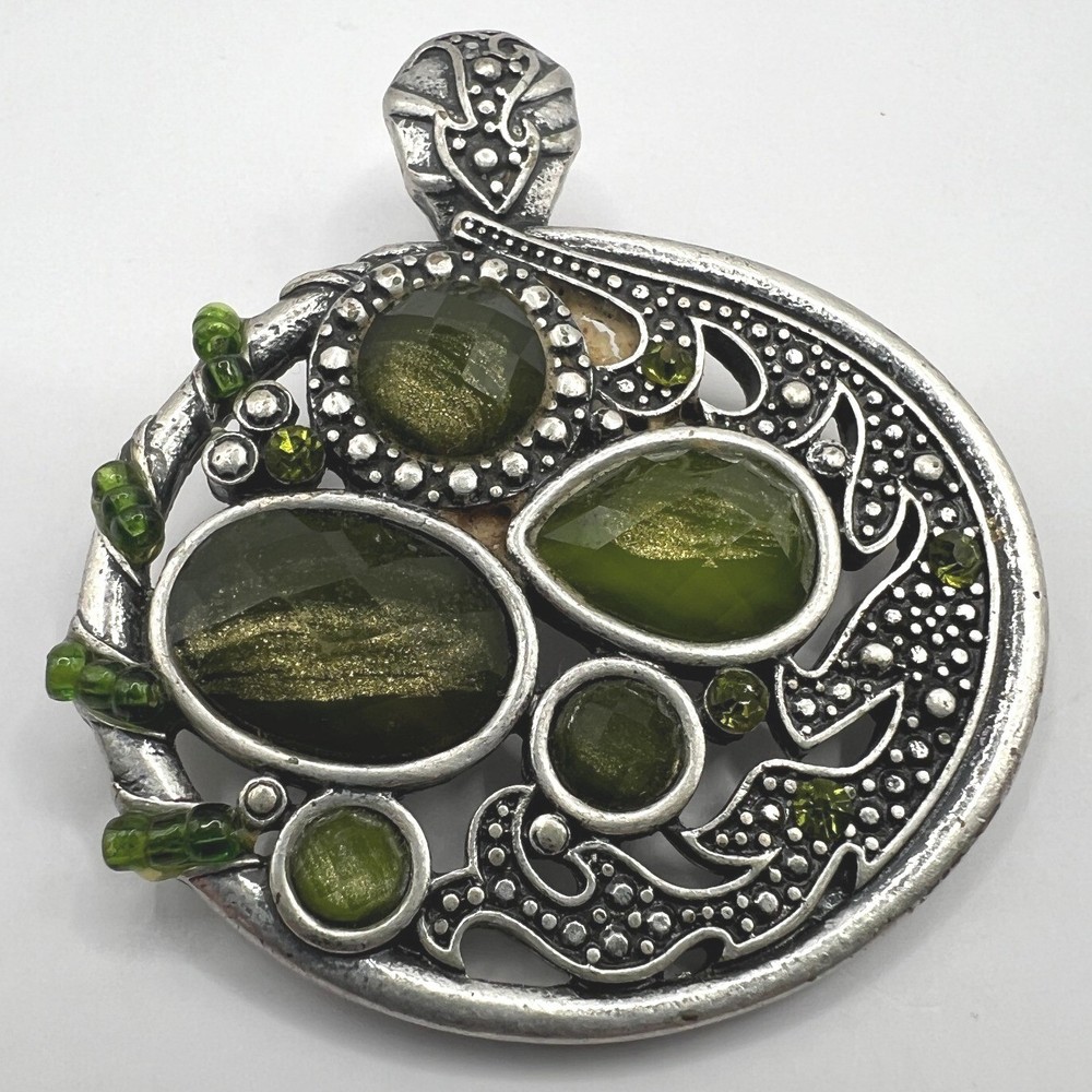 Silver Tone Pendant Green Cabochon Acrylic Stones Oval Open Metal Work