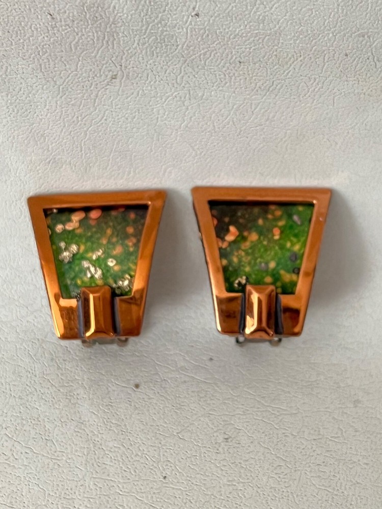 Vintage MATISSE Earrings Bronze Frame Green Inset Speckled Clip On Jewelry