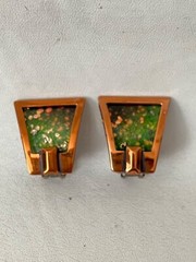 Vintage MATISSE Earrings Bronze Frame Green Inset Speckled Clip On Jewelry