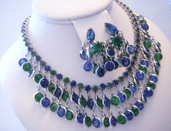 WEISS Lavish ADMIRAL BLUE & FOREST GREEN Rhinestones FRINGE Necklace & Earrings