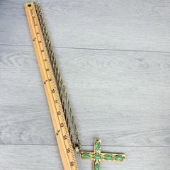 Vintage Whiting Davis Gold Tone Chunky Cross Faux Stones Long Pendant Necklace