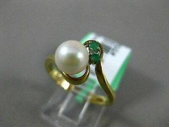 ESTATE .05CT AAA EMERALD & SOUTH SEA PEARL 14KT YELLOW GOLD 3D ANNIVERSARY RING