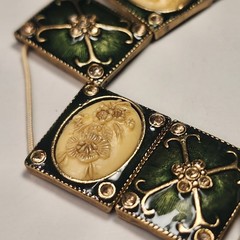 Vintage 1930s Guilloché Enamel Celluloid Cameo Panel Bracelet Art Deco Green