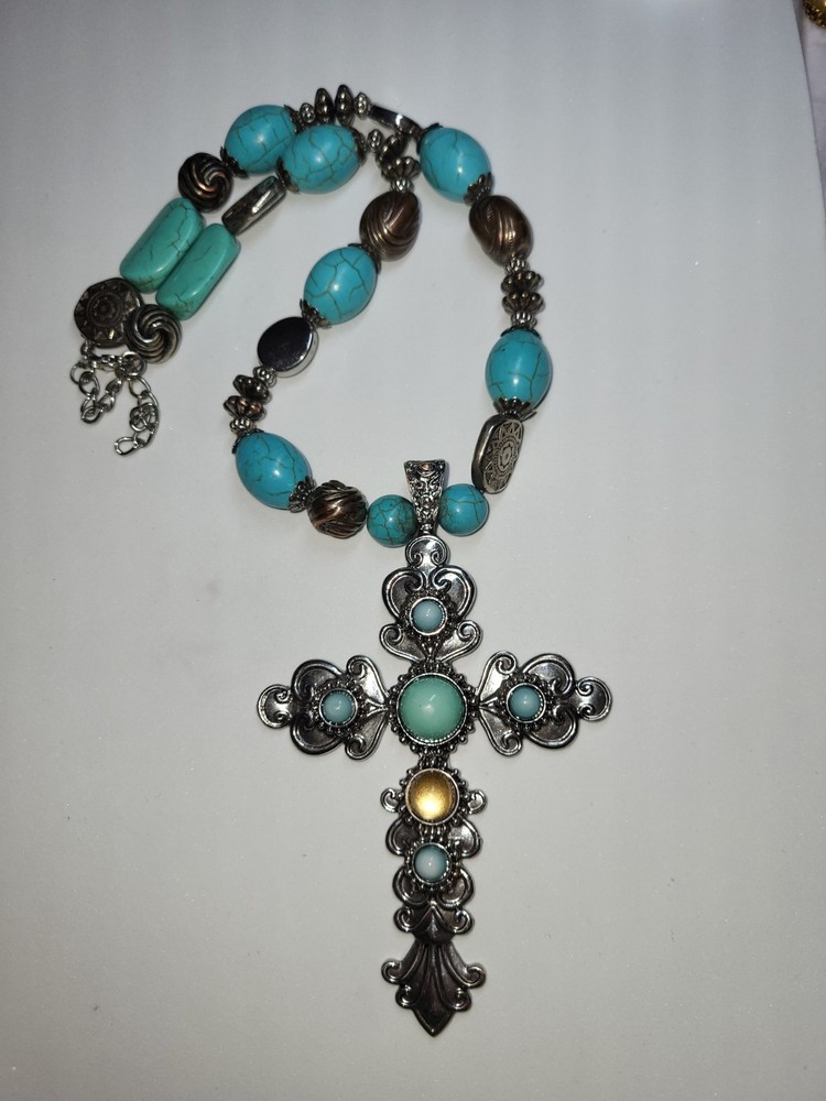 Faux Turquoise Cross Statement Necklace 17″ + Extender Very Good Condition