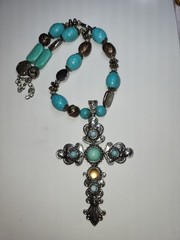 Faux Turquoise Cross Statement Necklace 17″ + Extender Very Good Condition