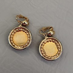 Vintage Opalite Necklace Clip Earrings Set Round Glass Gold Tone Pendant 24″