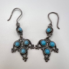 Vintage USSR 875 Silver Niello Turquoise Drop Earrings Ethnic Dangle Signed 70s