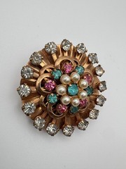 Vintage Rhinestone Brooch Gold Tone Pink Blue Pearl Sunburst Flower Pin 1950s