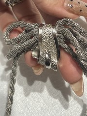 Vintage Silver Tone Woven Mesh Ribbon Bow Brooch Pin Dangle Tassel Retro 1970s