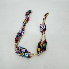 Vintage Millefiori Rectangle Glass Bead Necklace Gold Tone 29”