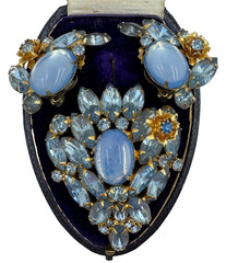 EXTRAORDINARY JULIANA VNT SET EARRINGS BROOCH FAB BLUE CABOCHON CRYSTALS FLOWERS