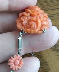 Antique coral colored Rose molded glass & Rhodium Plated Deco Necklace Pendant