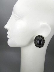 BEAUTIFUL 1 5/8″ JOAN SLIFKA STERLING SILVER ONYX CABOCHON CLIP ON EARRINGS