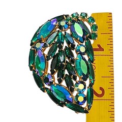 Vintage Weiss Rhinestone Brooch and Clip On Earrings Set Peacock Green Jewelry