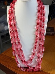 Vintage Pink & Ruby Red Lucite Acrylic Necklace 16” triple Strand statement