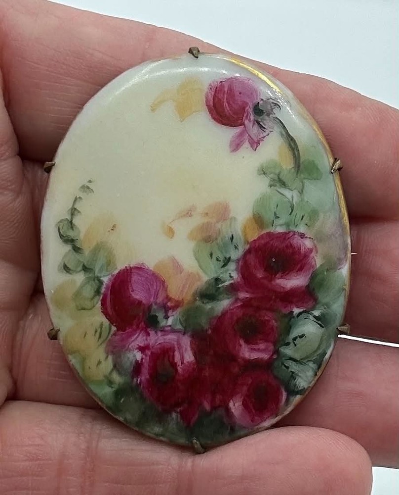 Victorian Hand Painted Porcelain Brooch 2 1/4″ Pink Roses Flower Floral Rose