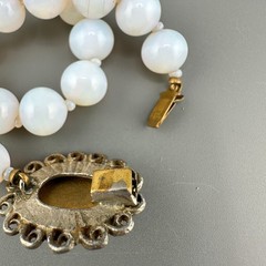 Vintage Opalite Necklace Earrings Set Silver Tone Scalloped Filigree Box Clasp