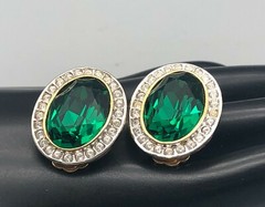 Vintage Real Look Large Emerald Green & Rhinestones Oval Chunky Earrings