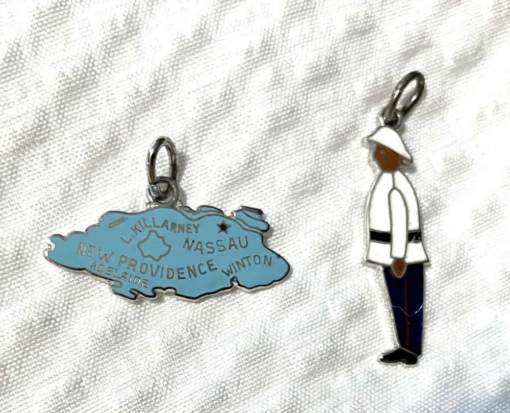 2 VTG Sterling Silver Enamel Charms Pendants Nassau Bahamas Map and Policeman