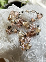 Vintage Wire Wrapped Peach Champagne Art Glass Bead Chain Necklace 20″ 50g