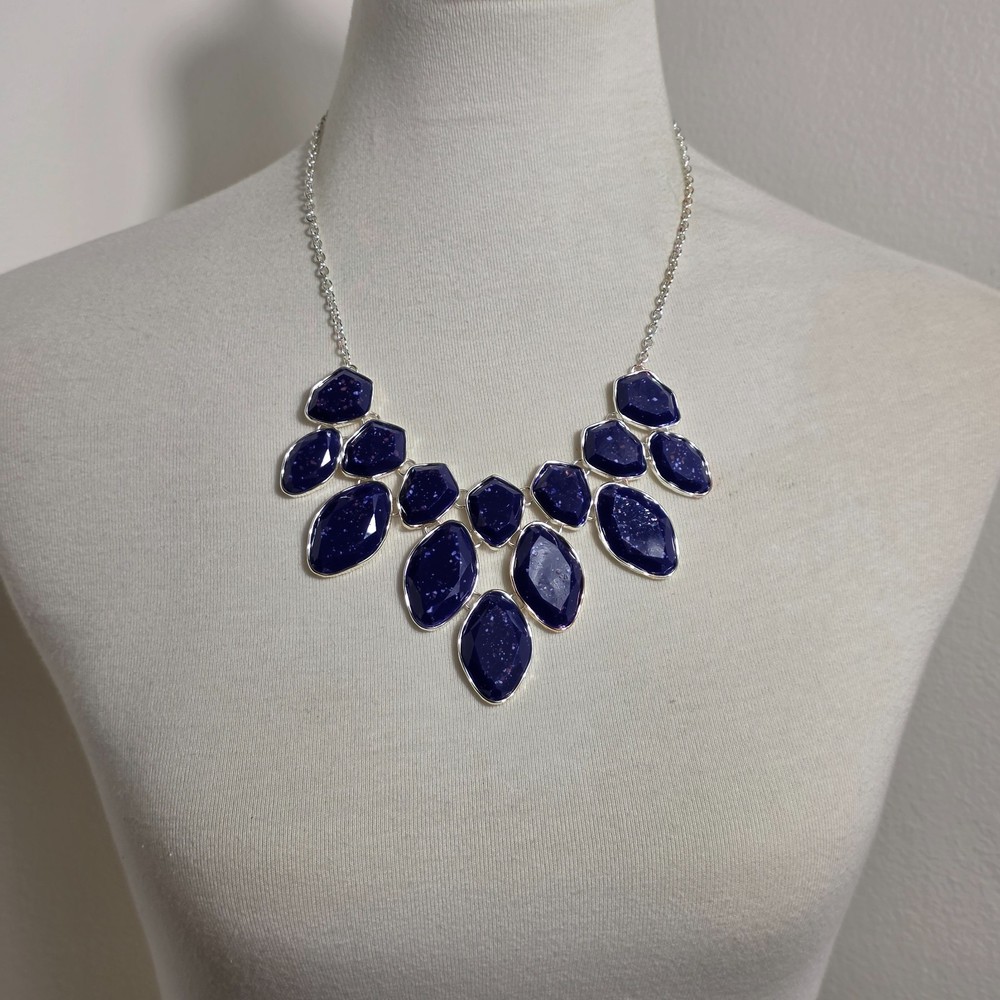 Style & Co Statement Necklace Dark Blue Speckled Stones Silver Tone Setting
