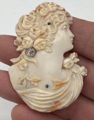 Antique Edwardian 14K Gold Diamond Cameo Brooch Frameless Lady Portrait Diamond