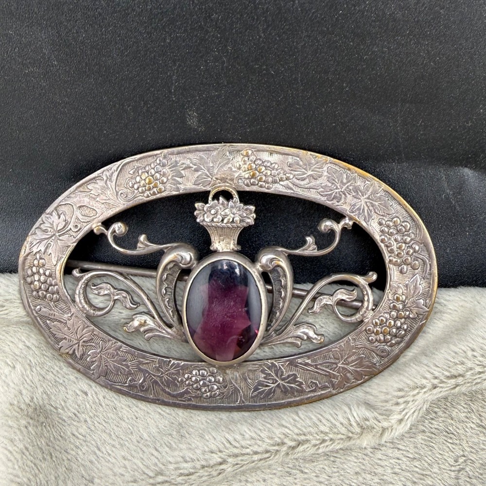 Vintage Sash Pin Brooch Grapes Flower Basket Purple Rhinestone