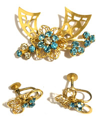 Vintage Brooch & Earrings Set Gold & Blue