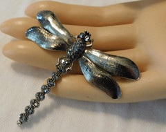 Dragonfly Black Crystal Rhinestone Brooch Vintage Pin Signed JHS
