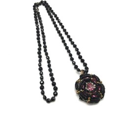 Vintage Jet Black Faceted Glass Strand Pink Clear Rhinestone Pendant Necklace