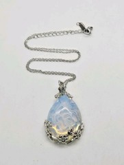 Opalite Pendant Necklace Filigree Stainless Steel Silver tone Vintage 17.5 in