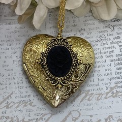 Gold Heart Locket GothIc Anniversary Wedding Witch Black Rose Cameo Necklace