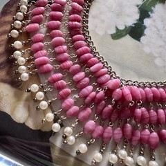 Vintage Pink Art Glass Faux Pearl Fringe Bib Statement Necklace Dramatic Runway