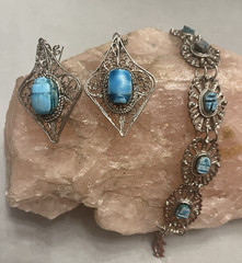 Vintage Egyptian Revival Turquoise Scarab Silver Filigree Bracelet/Earrings Set