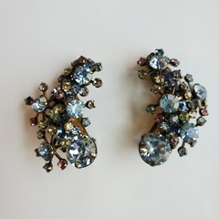 Multi Color Glass Rhinestone Clip Earrings Flower Ear Climber Crescent READ