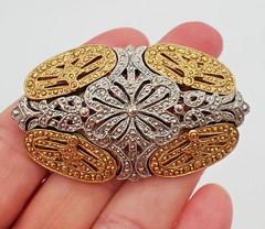 VTG Art Deco Style Brooch 2.5in Two Tone Filigree Domed Openwork Heavy 3D Estate