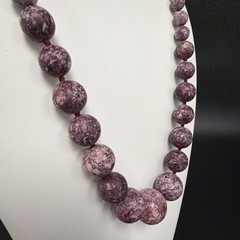 Vintage Graduated Lepidolite Stone Beaded Necklace, Barrel Closure, Knotted