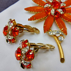 Vintage Selro Selini? Lucite & Rhinestone Gold Tone Floral Set Brooch & Earrings