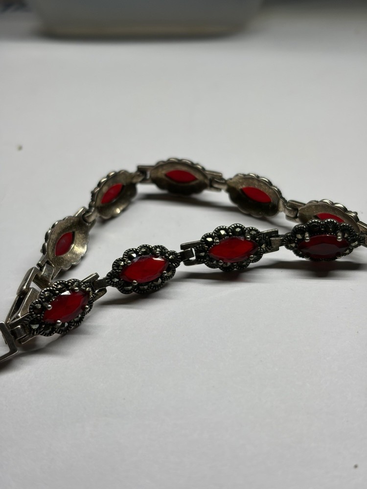 Vintage 925 Sterling Silver Marcasite Faux Ruby Glass Link Bracelet 14g H4