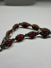 Vintage 925 Sterling Silver Marcasite Faux Ruby Glass Link Bracelet 14g H4