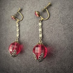 Vintage Ruby Red Pink Crystal Dangle Earrings AB Rhinestone Screw Back Gold Tone