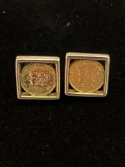Vintage Mercury Dime Square Bezel Stud Earrings In Silver & Gold