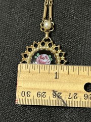 Antique Gold Tone Filigree Hand Painted Rose Faux Pearl Pendant Necklace 14”