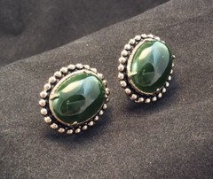 Vintage Sterling Silver Green Onyx Pebbled Screw Back Signed JJJ Earrings