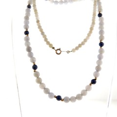 Chalcedony Lace Agate and Lapis Graduated Bead Necklace 26 in Gold filled